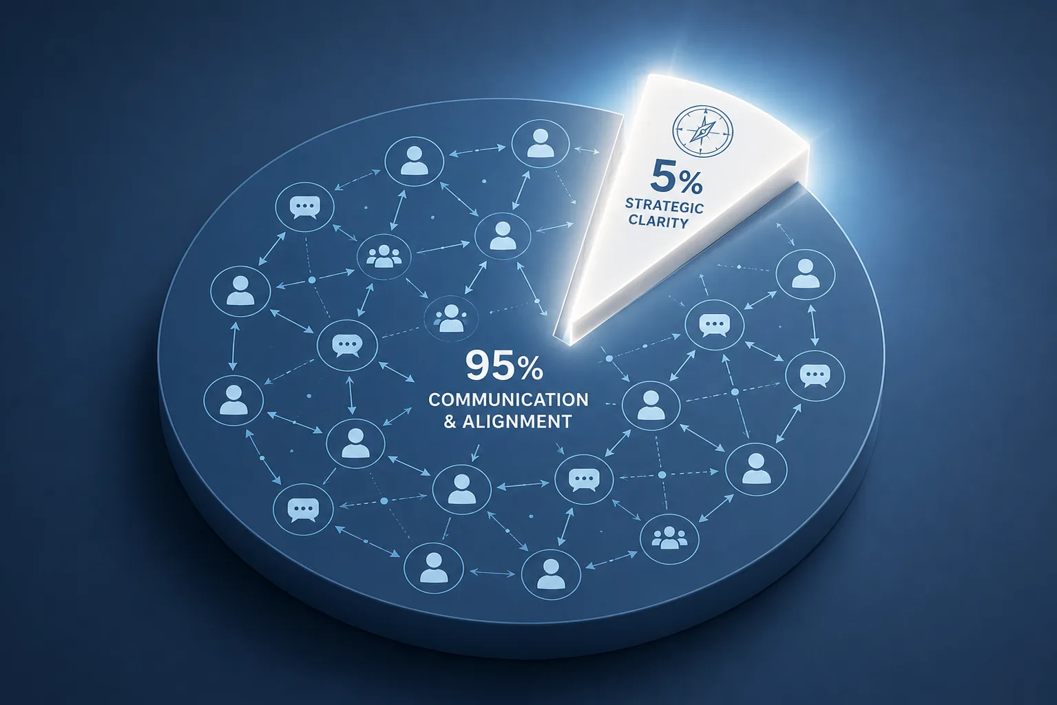 La suddivisione 5% / 95% visualizzata: 5% Chiarezza Strategica (il COSA) vs 95% Comunicazione e Allineamento (il COME)