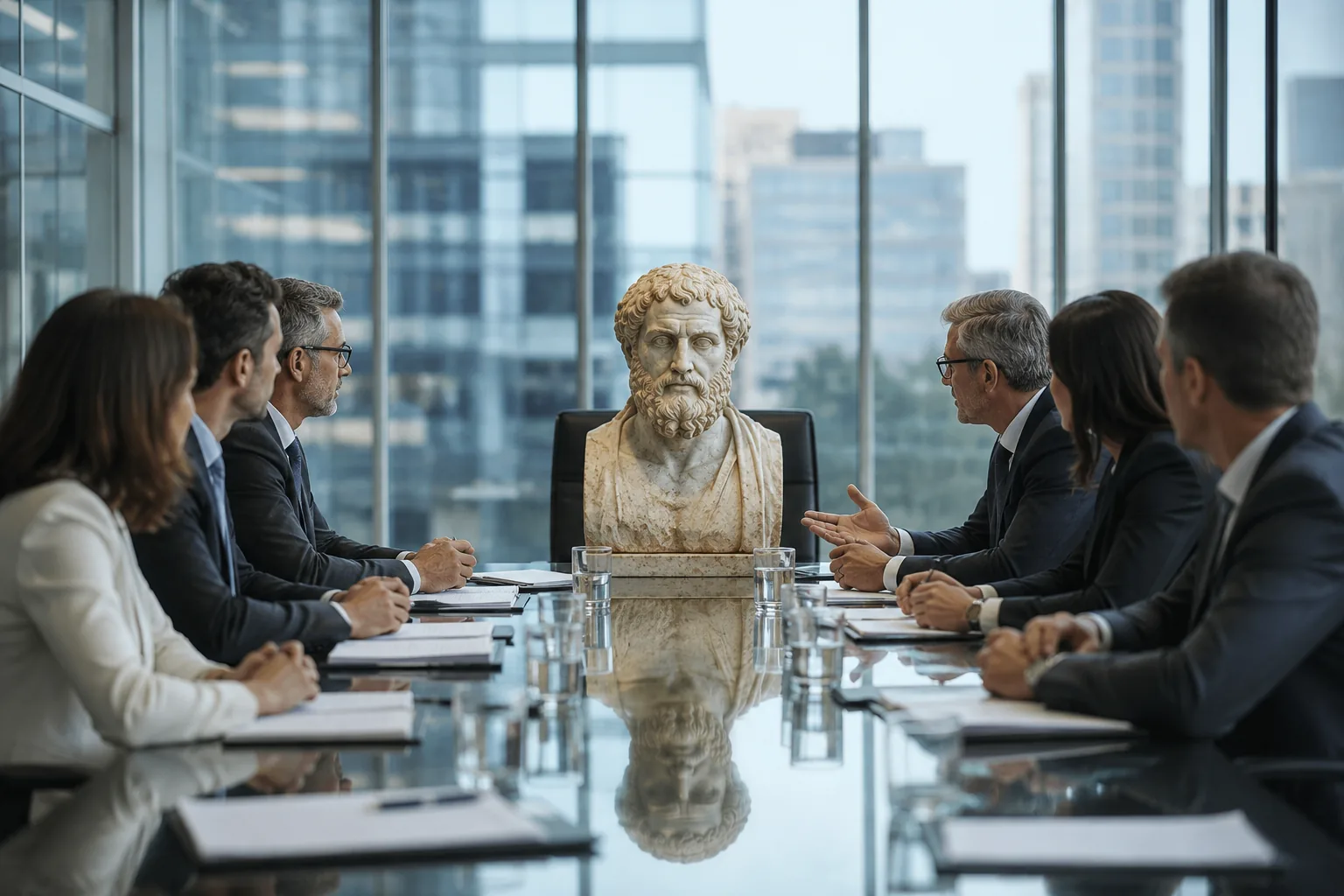 A marble bust of Socrates seated at the head of a modern glass boardroom table, with executives on both sides turned toward it mid-discussion